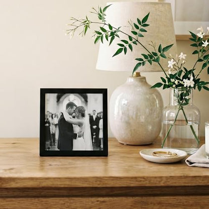 Americanflat 4x4 Picture Frame - Slim Molding - Black | Shatter-resistant glass, wall or tabletop display with included easel, triangle hangers included, secure turn-tab backing - color: Black, size: 4x4
