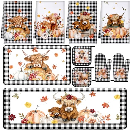 Fourluoo 10 Pcs Kitchen Dish Towels Rugs Oven Mitts and Pot Holders Set Farmhouse Kitchen Decor Set for Women Mom Daughter Gift Cooking Baking Grilling(Warm Color,Highland Cow) - color: Warm Color, style: Highland Cow