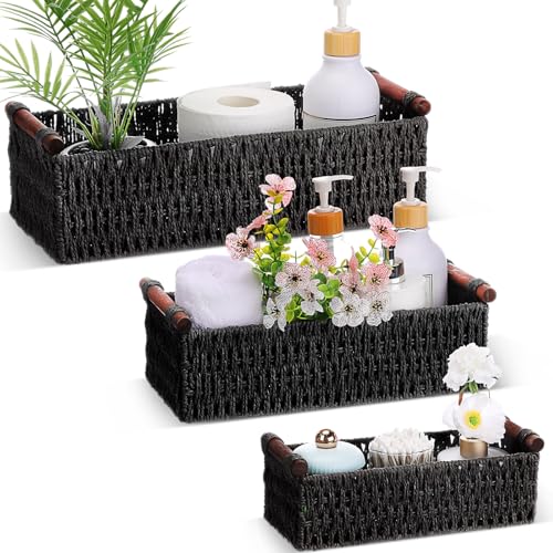 Boao 3 Pcs Boho Storage Wicker Baskets Handmade Woven Decorative Paper Rope Baskets for Organizing with Handle Countertop Toilet Paper Storage Container for Toilet Tank Top(Black,Rectangle) - color: Black, style: Rectangle