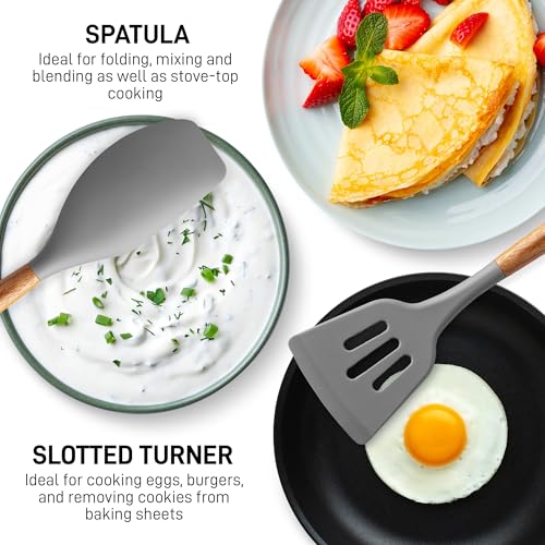 Zulay Kitchen 5 Piece Silicone Utensil Set | Non-Stick Silicone Cooking Utensils Set with Acacia Wood Handles - 464°F Heat Resistance Kitchen Utensils Set - Gray - color: Elegant Grey, size: 5-Piece Set