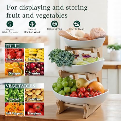 SEVEN SPARTA Fruit Bowl for Kitchen Counter - 3 Tier Ceramic Serving Bowls with Bamboo Stand, Tiered Fruit Basket for Fruit Vegetable Storage, Cake, Dessert, Nuts, Snack, Salad (Dishwasher safe) - style: 3 Tier