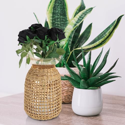 Ipetboom Rattan Cover Small Glass Flower Vase Amber Inner Bottle Decorative Straw Holder for Desktop Flower Arrangement Home Living Room Décor