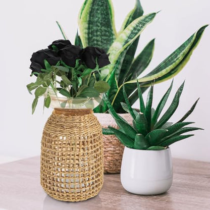 Ipetboom Rattan Cover Small Glass Flower Vase Amber Inner Bottle Decorative Straw Holder for Desktop Flower Arrangement Home Living Room Décor