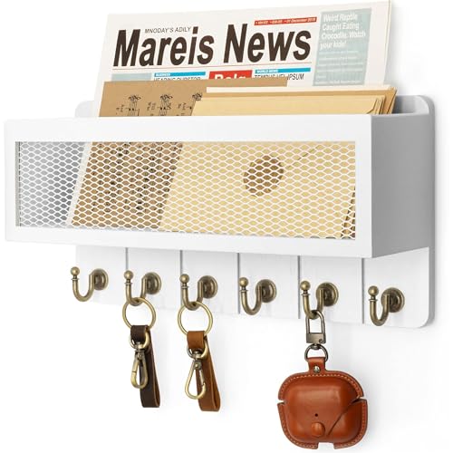 Rebee Vision Key Holder Wall Mount with 6 Hooks for Entryway, Rustic White | Key Holder for Wall, Mesh Storage Basket, Letter Storage, Key Rack, Office and Hallway Organizer, Apartment, Home Accent - color: White
