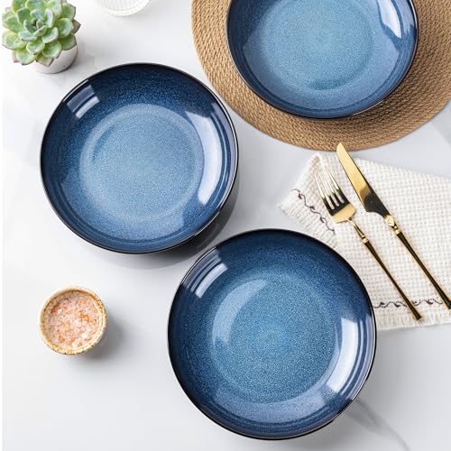 LERATIO 9.0" Ceramic Pasta Bowls Set of 4,38oz Large Stoneware Bowls Set | Reactive Glaze Serving Bowls Set,Wide Bowl for Pasta,Salad,Fruit & Noodles,Housewarming & Wedding Gift-Blue - color: Blue, size: Set of 4