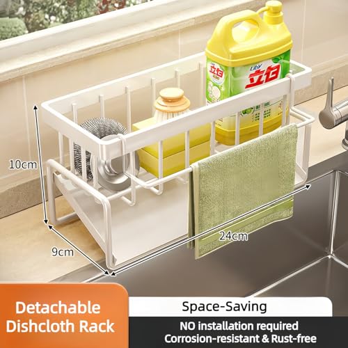 Carbon Steel Kitchen Sink Caddy, Sponge Holder Self Drain Soap Dish with Detachable Dishcloth Rack for Kitchen Countertop Organizer, White - color: White