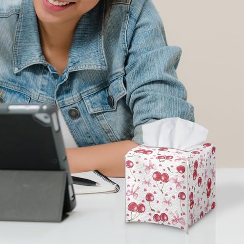 Cherry Heart Tissue Box Covers Leather PU Facial Paper Organizers Dispenser Foldable Square Facial Tissue Case for Tabletop Bathroom Night Stand - color: Cherry Heart