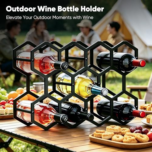 3-Tier Hexagon Metal Countertop Wine Rack, 11 Bottles Tabletop Wine Bottle Holder Stand for Cabinet Pantry, Indoor Outdoor Home Bar Storage Organizer - size: 3-Tier Hexagon Black