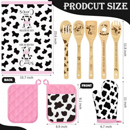 Funnymoom 10 Pcs Mother's Day Cow Kitchen Gift Set for Women Include Apron Oven Mitts Pot Holder Dish Towel Cooking Utensil Kit - style: Cow