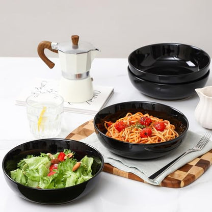 Selamica Ceramic Pasta Bowls Set of 4, Large Salad Bowl, Black - color: Black, size: 8 Inch