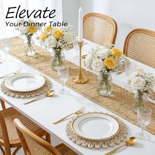 13" Round Placemats Set of 8, Corn Husk Woven Placemat, Rustic White Place Mats for Dining Table Decor, Boho Rattan Wicker Plate Chargers for Wedding Dinner Party