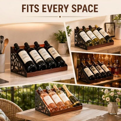 Countertop Wine Rack Display, Wine Bottle Holder, Wood Metal Combination Wine Storage Stand, Hollow Cutout Side Frame Tabletop Wine Organizer Holds 4 Bottles for Kitchen Bar Cabinet