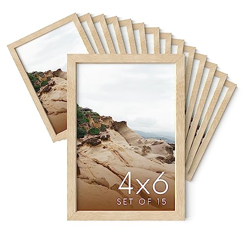 Haus and Hues 4x6 Natural Oak Wood Photo Frame Set of 15 - Mini Picture Frames Bulk Gallery Set - Premium Bulk Picture Frames 4x6 for Stylish Photo Gallery Wall Frame Set - Ideal for Home & Office - color: Beige Oak, size: 4x6 in, style: Set of 15