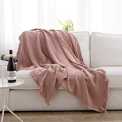 Simple&Opulence Cotton Muslin Throw Blanket for Bed, Couch, Knit Woven Gauze Blanket with Tassels, Soft Lightweight Cozy Pre-Washed Breathable Farmhouse Decoration for All-Season (Dusty Rose) - color: Dusty Rose
