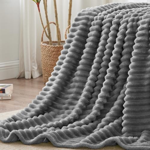 Nookly Grey Twin Size Fleece Blanket, Soft Lightweight Ribbed Plush Bed Blanket, Cozy All-Season Striped Fleece Twin Throw for Bedroom and Home, 60x80 Inches - color: Grey, size: Twin(60"x80")