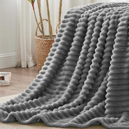 Nookly Grey Twin Size Fleece Blanket, Soft Lightweight Ribbed Plush Bed Blanket, Cozy All-Season Striped Fleece Twin Throw for Bedroom and Home, 60x80 Inches - color: Grey, size: Twin(60"x80")