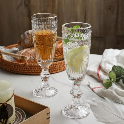Kingrol 6 Pack 5 Ounces Glass Champagne Flutes, Vintage Sparkling Wine Glasses for Champagne, Cava, Prosecco