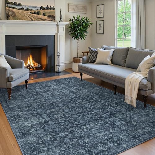 Hedlive Vintage Navy Blue Rugs for Bedroom, Washable Moroccan 5x7 Rug for Living Room Non Slip, Stain Resistant Boho Dining Room Rug for High Traffic Area (5'x7', Blue) - color: Blue, size: 5' x 7' (Rectangular)