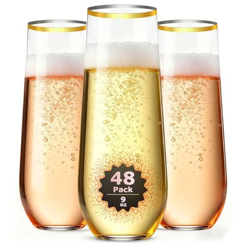 48 Pack Gold Rim Stemless Champagne Flutes, 9 oz Clear Disposable Plastic Glasses, Heavy Duty Shatterproof Recyclable Mimosa Glasses for Party Wine Tasting Wedding New Years Eve Party Supplies - color: Gold RIm, size: 48-pack