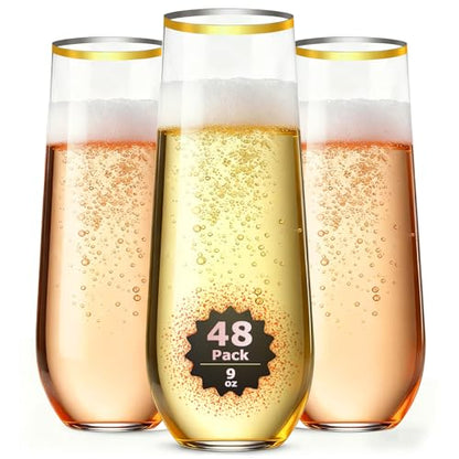 48 Pack Gold Rim Stemless Champagne Flutes, 9 oz Clear Disposable Plastic Glasses, Heavy Duty Shatterproof Recyclable Mimosa Glasses for Party Wine Tasting Wedding New Years Eve Party Supplies - color: Gold RIm, size: 48-pack