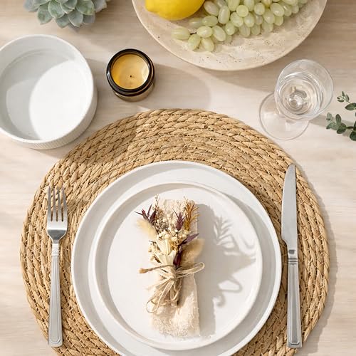 GBHOME Stoneware Dinnerware Sets for 4, 12 Pieces Plates and Bowls Set | Lightweight Ceramic Ribbed Dishes, Reactive Glaze Stackable Plate Set, Scratch Resistant, Microwave & Dishwasher Safe,White - color: White