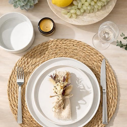 GBHOME Stoneware Dinnerware Sets for 4, 12 Pieces Plates and Bowls Set | Lightweight Ceramic Ribbed Dishes, Reactive Glaze Stackable Plate Set, Scratch Resistant, Microwave & Dishwasher Safe,White - color: White