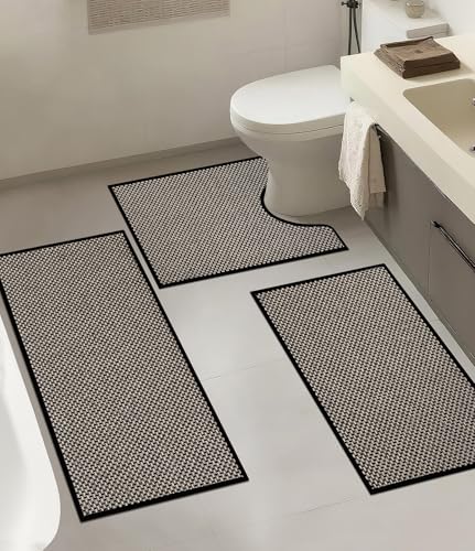 Thin Bath Mat Black Bathroom Rugs Sets 3 Pieces, Non Slip Absorbent Bath Mats Quick Dry, Woven Braided Rugs Washable, Rubber Tapetes para Baño for Bathroom Toliet,Bathtub - color: Black, size: 3Pieces(17.5"x24"U+17"x24"+17"x32")