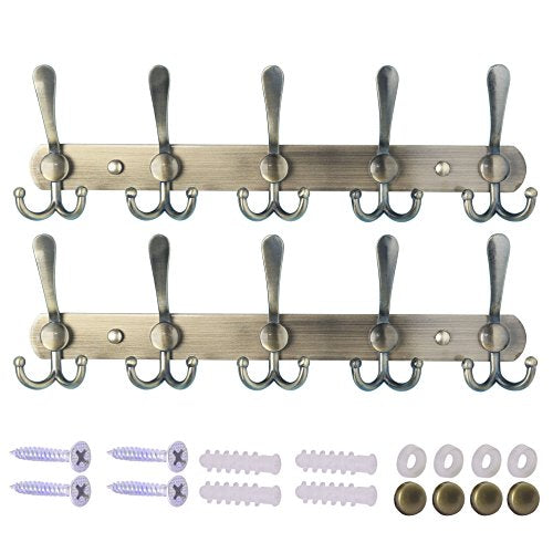 Wall Mounted Coat Rack - 5 Tri Hooks, Heavy Duty, Stainless Steel, Metal Coat Hook Rail for Coat Hat Towel Purse Robes Mudroom Bathroom Entryway (Bronze, 2 Packs) - color: Bronze, size: L=16" (2 Pcs)