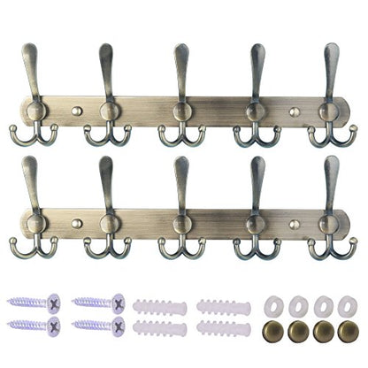 Wall Mounted Coat Rack - 5 Tri Hooks, Heavy Duty, Stainless Steel, Metal Coat Hook Rail for Coat Hat Towel Purse Robes Mudroom Bathroom Entryway (Bronze, 2 Packs) - color: Bronze, size: L=16" (2 Pcs)