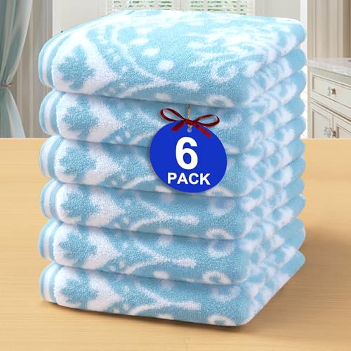 Cotton Wash Cloths for Showering (6PC, 13"x13") - Quick Dry | Thick | Absorbent, Soft Face Towels for Bathroom, Damask Jacquard Washcloth Set, Bathroom Decor & Home Essentials, Aqua and White - color: Aqua and White Damask, size: 6 PC Washcloth Set