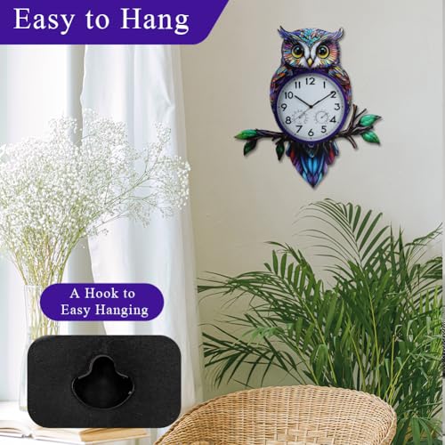 Large Outdoor Clock with Thermometer & Humidity | Owl Outdoor Wall Clock, Silent No-Ticking, Outside Clock for Patio, Living Room, Kitchen - style: Owl-Blue