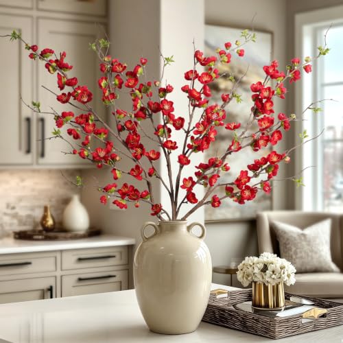 Artificial Cherry Blossom Branches Fake Plum Blossom 35.4''Fake Flowers Cherry Blossoms Faux Flowers Long Stem Artificial Flowers for Tall Vase for Indoor Home Decoration (Red,4PCS) No Vase - color: Red