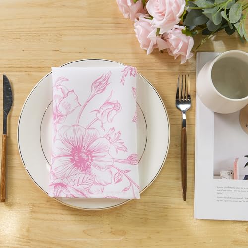 PLOYMONO Pink Floral Cloth Napkins - 8 Pack 17" x 17" Polyester Napkins | Heavy Duty 180 GSM Cloth Napkins with Hemmed Edges - Great for Restaurants, Weddings, Parties, Banquets Dinner - color: Pink Floral
