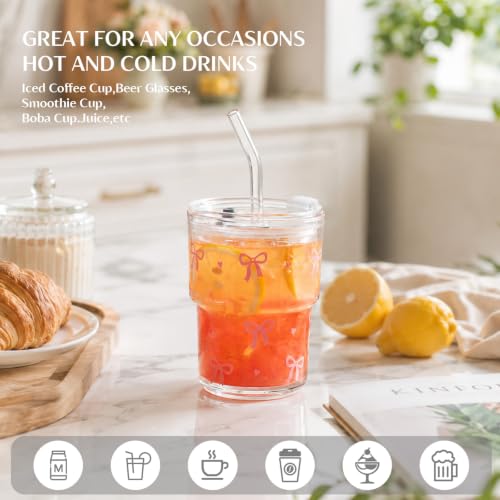 INSETLAN 13 oz Bow Decal Glass Tumblers Set of 2, Thick Wall Glass Cups with Lid and Glass Straw, On-the-Go Coffee Cups for Iced Coffee, Tea, Milk, Hot & Cold Drinks, Travel & Daily Use - color: 13 oz - 2 Pcs - With Bow Decal