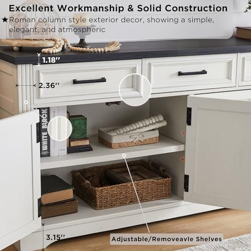 66" Farmhouse Buffet Cabinet with Storage, Sideboard Credenza, Carved Cloud-Inspired Doors, 3 Drawers & Adjustable Shelves, Coffee Bar Cabinet, Off White - color: Off White