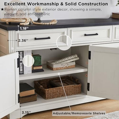 66" Farmhouse Buffet Cabinet with Storage, Sideboard Credenza, Carved Cloud-Inspired Doors, 3 Drawers & Adjustable Shelves, Coffee Bar Cabinet, Off White - color: Off White
