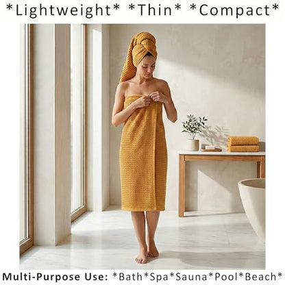 PÜSKÜL 2-Piece Natural 100% Turkish Cotton Waffle Bath Towels Extra-Large | Mustard, 32x63" Bath Sheet Towel, Light Soft Absorbent Quick-Dry Lint-Free Premium Honeycomb Weave Oeko-Tex Made in Turkiye - color: Mustrad Yellow
