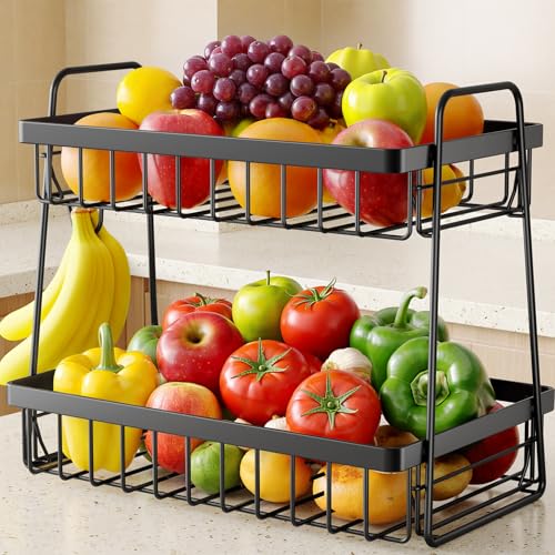 Sakugi Fruit Basket for Kitchen Counter - 2-Tier Fruit Bowl with Removable Banana Hanger & Handles, Rustproof Fruit Holder for Kitchen, Living Room, Bathroom, 14.6"×9.0"×12.9", Black - color: Black, size: 2T Extra Large