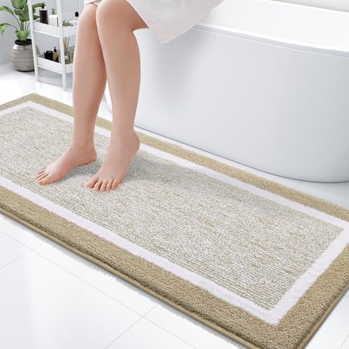 OLANLY Bathroom Runner Rugs 59x24, Extra Long Bath Mats for Bathroom, Beige | Non-Slip, Machine Washable, Quick Dry Shaggy Bath Carpet, Suitable for Bathroom Floor, Tub, Shower - color: Beige and White, size: 59" X 24"