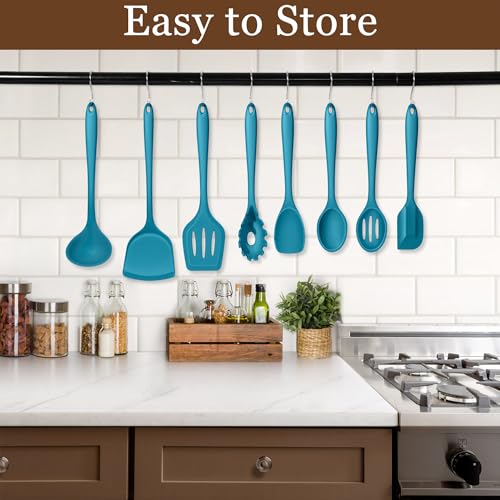 LIANYU Non-Toxic Kitchen Cooking Utensils Set, 8Pcs Blue Silicone Tools | Heat Resistant Cooking Gadgets for Nonstick Cookware, Includes Silicone Spatula, Ladle, Spoon Turner, Dishwasher Safe - color: Blue