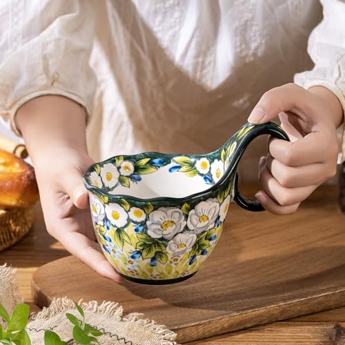 Hand-Painted Floral Ceramic Mug, 18oz Soup Bowl, Large Stoneware Cup with Unique Handle, Bohemian Style for Coffee, Tea, Soup, Microwave Dishwasher Safe, Mom Women - color: Hand-Painted Jasmine & Wild Rose Floral Pattern