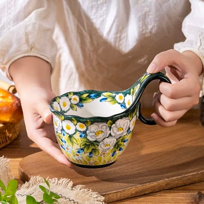 Hand-Painted Floral Ceramic Mug, 18oz Soup Bowl, Large Stoneware Cup with Unique Handle, Bohemian Style for Coffee, Tea, Soup, Microwave Dishwasher Safe, Mom Women - color: Hand-Painted Jasmine & Wild Rose Floral Pattern