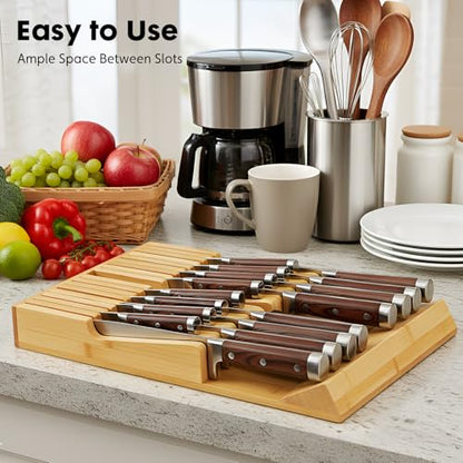 Bamboo Kitchen Drawer Knife Holder, In-drawer Knife Block, Knife Drawer Organizer fit for 16 knives and 1 steel sharpening | Compact design,17 Slots, Thicker Base Board, Large Drawer Knife Storage For Steak, Paring, Bread Knives, Sharpening Steel - size: