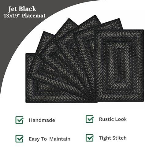 Homespice Jet Black Jute Braided Placemats, Rect 13x19 Set of 6 | Black Protects Tabletop in Style and Everyday and Holiday Table Mats, Rich Colors, Reversible, Durable and Easy to Clean - color: Jet Black