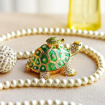 YU FENG 3 Inch Mother Child Turtle Trinket Box, Crystal Hinged Jewelry Box | Enameled Mother & Baby Tortoise Design, Sparkling Crystal Accents, Ring Holder, Collectible Figurine, Gift for Mom - color: Green Turtle