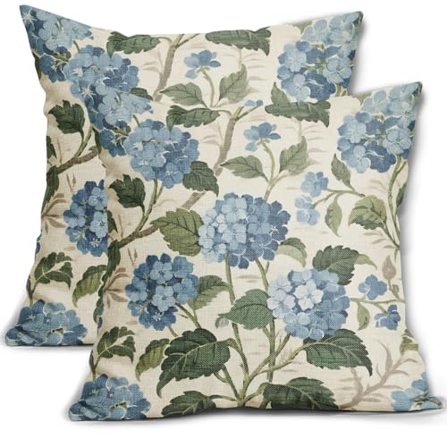 Spring Floral Pillow Covers 16x16 Inch Set of 2 Blue Green Hydrangea Vintage Flowers Summer Decorative Throw Pillowcases Seasonal Farmhouse Outdoor Cushion Cases Decor for Sofa Couch Bed - color: Blue Green-hydrangea, size: 16" x 16" (Pack of 2)