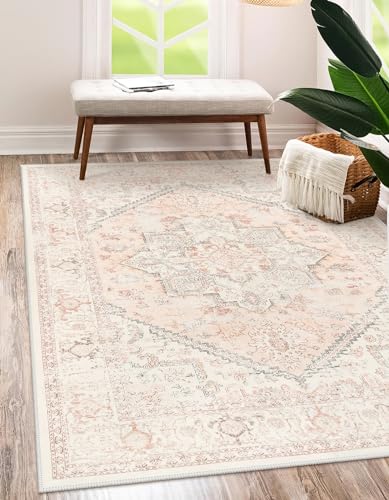 LIVEBOX Pink Area Rug 5x7 - Soft Rugs for Bedroom, Non-Slip Pink Rugs for Bedroom Girls, Vintage Washable Cute Aesthetic Rug for Nursery Dining Room, Retro Print Distressed Accent Carpet for Apartment - color: Medallion Pink, size: 5' x 7' (Rectangular)