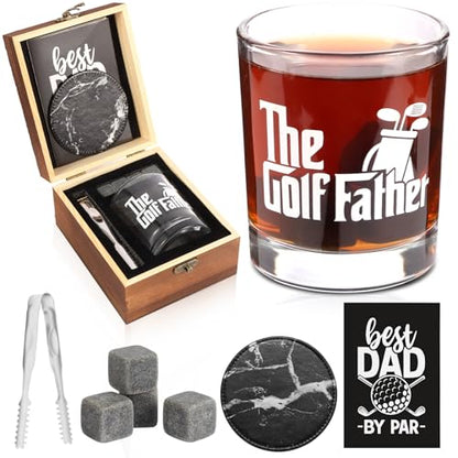 Bayelove Whiskey Glass Gifts for Golf Dad, Best Gift for Men, Gift with 12oz Whiskey Glasses, Stones, Coaster, Wooden Box for Golf-Dad - color: Golf Dad
