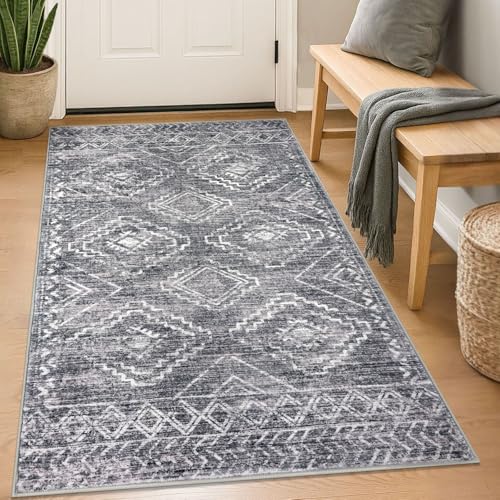 KILOCOCO Small Area Rug 3'x5' Rug for Entryway Washable Rugs, Grey | Non Slip Entry Rug, Printed Small Area Rugs, Low Pile Soft Rugs for Kitchen, Geometric Carpet, Machine Washable Door Rug - color: Grey, size: 3' x 5' (Rectangular)