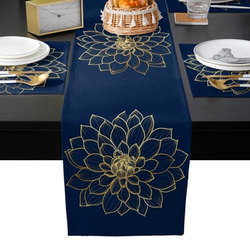 Table Runner and Placemats Set of 6 Abstract Golden Flower Decorative Dining Table Runner with Matching Placemats Floral Blue Modern Art Table Decor for Kitchen Dining Room and Everyday Use 13x90in - size: 13"x90"+6pcs